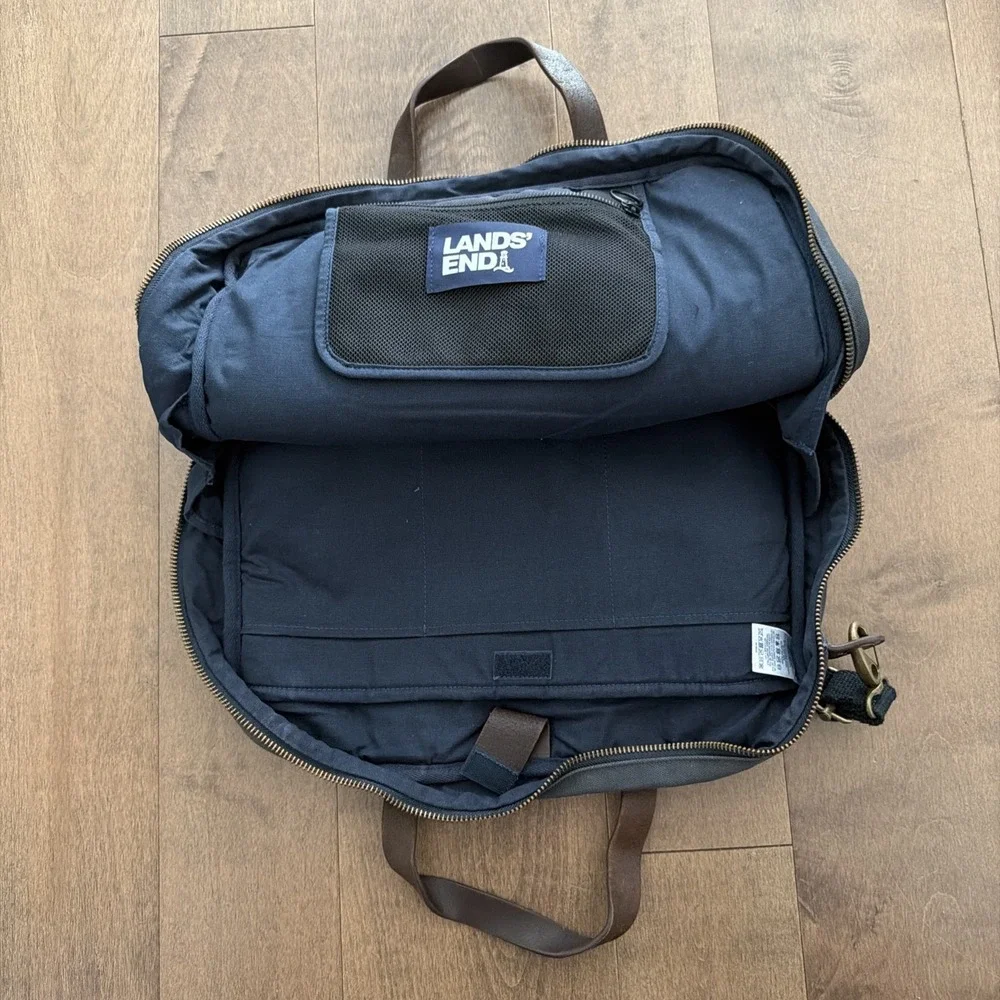 Vintage Lands' End Square Rigger Navy Blue Canvas Leather Briefcase Bag USA